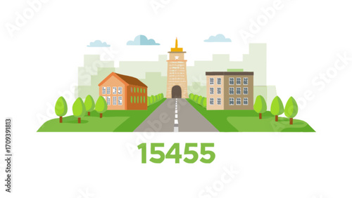 Real estate in 15455 with houses buildings and property in a town or city illustration