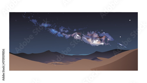 Desert night sky landscape illustration with stars and milky way galaxy background art