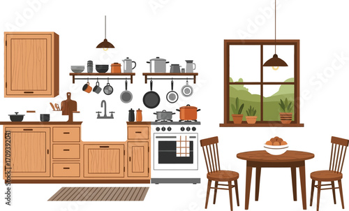 Cozy kitchen interior with wooden cabinets dining table and window overlooking a green landscape creating a warm and inviting atmosphere for cooking and enjoying meals