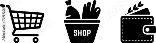 Shopping icons representing cart, groceries, and wallet, symbolizing commerce and finance