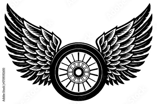 Winged Motorcycle Wheel Vintage Emblem Vector Illustration