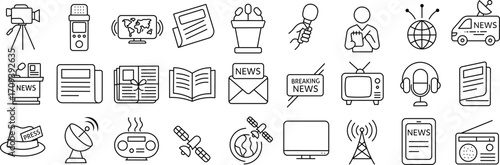 News Media Stroke Icon Collection. Containing TV, Radio, Newspaper, Journalism, Broadcasting, Press, Interview, Magazine, and more.