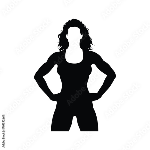 Powerful woman silhouette with muscular physique, hands on hips in black, fitness woman silhouette vector illustration