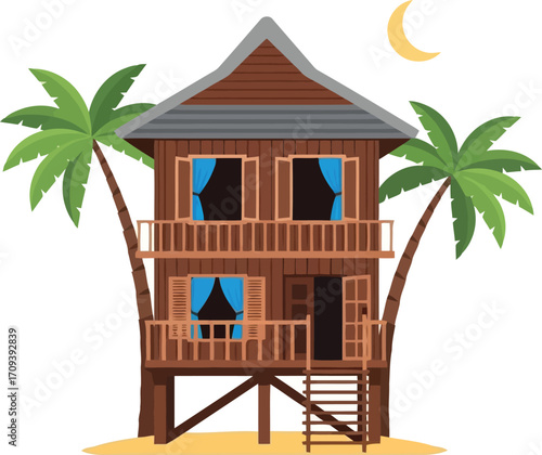 Tropical beach bungalow paradise exotic vacation home serene getaway palm trees vector