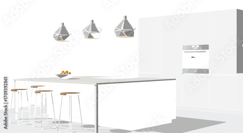 Modern kitchen design featuring a central island with stools and geometric pendant lights creating a stylish and functional cooking and dining space for contemporary homes
