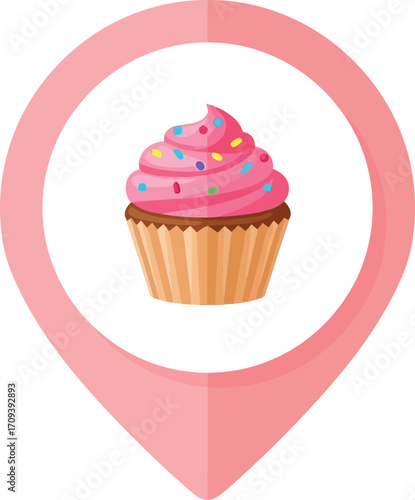 Sweet treat location pin delicious cupcake icon pastel pink bakery map marker vector