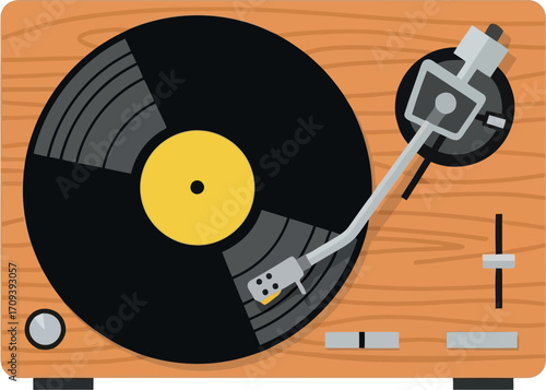 Vintage turntable with vinyl record playing retro music nostalgia audio equipment vector