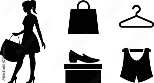 Stylish woman silhouette with shopping bag, surrounded by fashion icons like a shoe, hanger, and shorts.