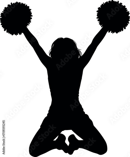 Energetic cheerleader silhouette jumping pompoms action dynamic pose vector
