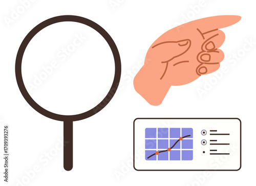 Magnifying glass, hand pointing to emphasize a data chart with line graph and information. Ideal for research, focus, analysis, productivity, leadership, data management conceptual thinking. Simple