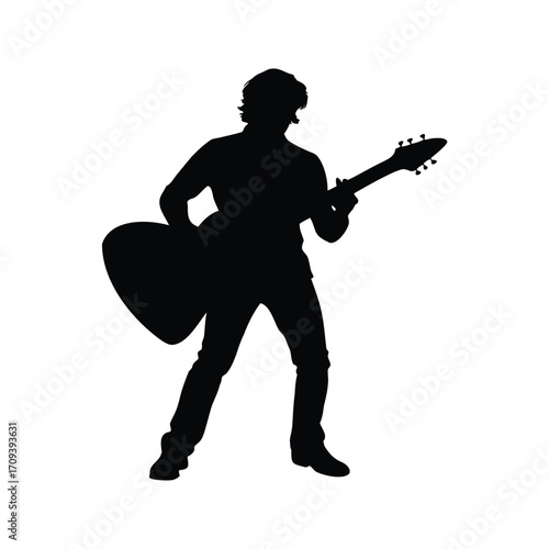 Silhouette of a passionate guitarist performing on stage with electric guitar, guitarist with guitar pick silhouette vector illustration