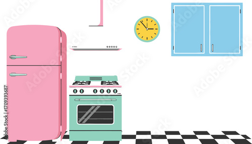 Retro kitchen with pink refrigerator mint green stove white range hood blue cabinets and a yellow clock on a black and white checkered floor creating a vintage aesthetic
