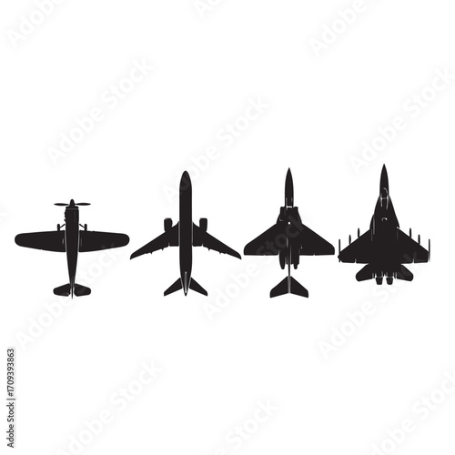 Airplane icon set. black aircraft silhouettes flat vector illustration on transparent background.