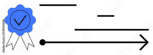Blue badge with checkmark, black lines, and arrow symbolizing success, achievement, guidance, and progress. Ideal for growth, leadership, evaluation awards navigation motivation simple landing