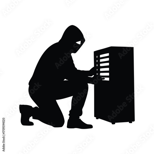 Silhouette of masked thief tampering with a server cabinet or device, hacker accessing server silhouette vector illustration