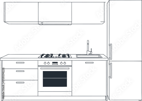 Minimalist kitchen design featuring modern cabinets a builtin oven and a refrigerator against a clean white background showcasing simplicity and functionality in interior design