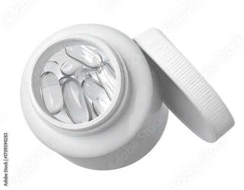 Top-down view of open white supplement jar with translucent capsules isolated on transparent background PNG