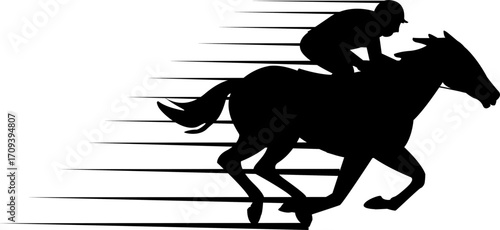 Vector silhouette illustration of a jockey riding a fast galloping horse with motion lines, symbolizing speed, competition, and dynamic horse racing action