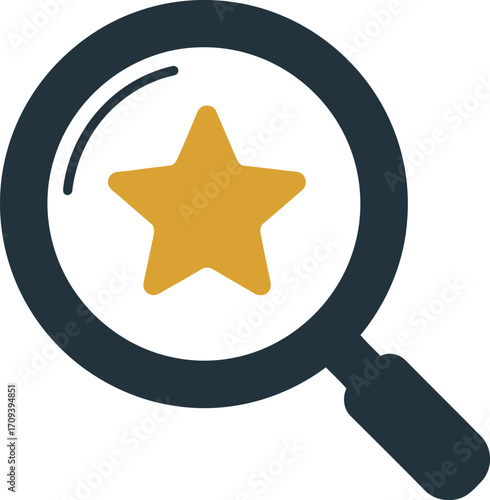 Magnifying glass focusing on golden star icon for quality search and best selection vector