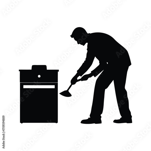 Silhouette of a man using a coal shovel to fill a barbeque grill, person cleaning stove silhouette vector illustration