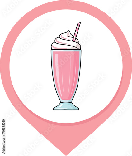 Delicious pink strawberry milkshake with whipped cream in a tall glass with location pin icon vector