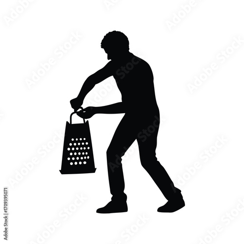 Silhouette of a person holding a grater with a determined posture, person grating cheese silhouette vector illustration