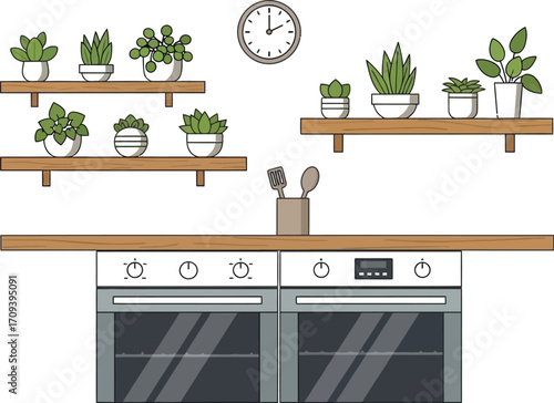 Kitchen interior with oven wooden shelves potted plants clock and cooking utensils creating a cozy and inviting atmosphere for culinary creativity