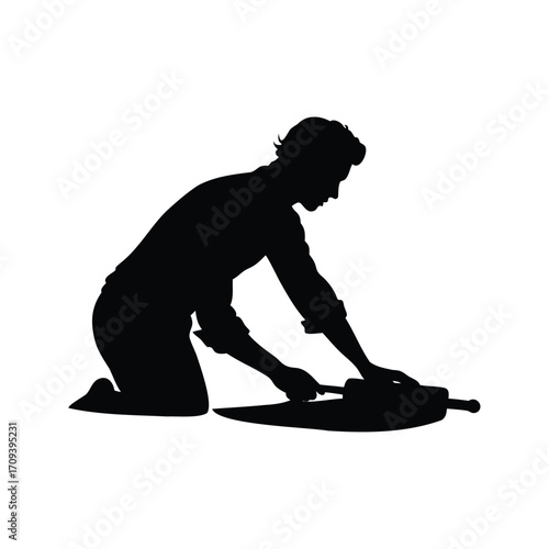 Silhouette of baker rolling dough on surface getting ready to make pastries, person rolling dough silhouette vector illustration