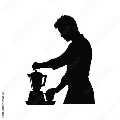 Silhouette of a Person Brewing Coffee with a Moka Pot in Kitchen, person using blender silhouette vector illustration