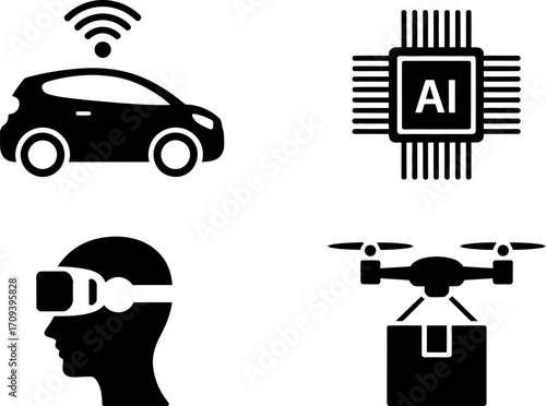 Futuristic technology icons: autonomous car, AI chip, VR headset, and drone delivery.