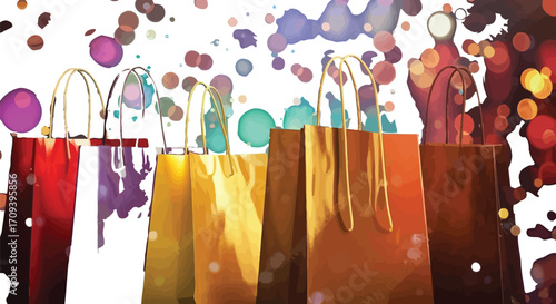 Colorful shopping bags lined up against a festive bokeh background create a vibrant and exciting atmosphere for retail promotions and holiday sales events