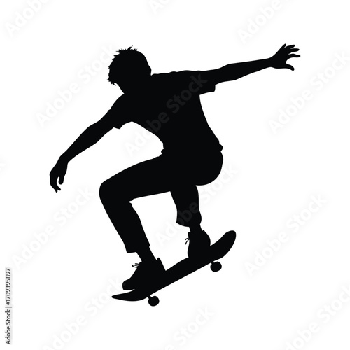 Silhouette of a Skateboarder Performing a Trick in Mid Air with arms outstretched, skateboarder doing ollie silhouette vector illustration