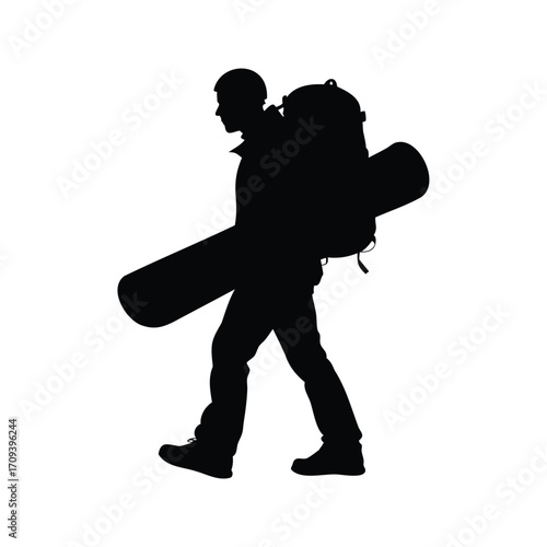 Silhouette of a Man with Backpack and Snowboard Walking on White Background, snowboarder with backpack silhouette vector illustration