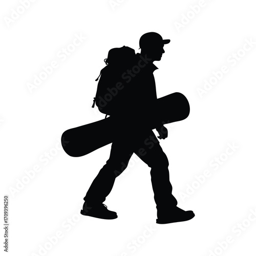 Silhouette of a snowboarder trekking with backpack, showcasing winter adventure theme, snowboarder with backpack silhouette vector illustration