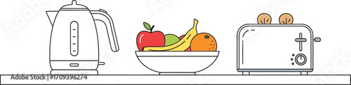 Kitchen appliances and fresh fruit arranged on a shelf in a minimalist style illustration for a bright and modern home decor concept with clean lines and simple design