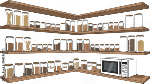 Organized pantry shelves filled with various dry goods in glass jars next to a microwave oven offering a clean and efficient kitchen storage solution for home cooking