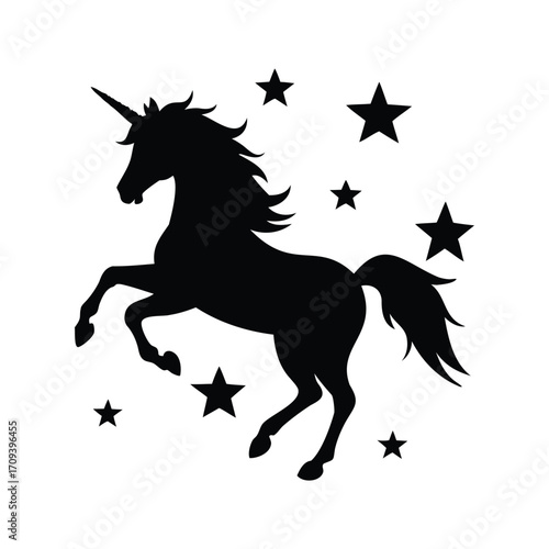Silhouette of a Prancing Unicorn Surrounded by Stars in Black and White, unicorn flying with stars silhouette vector illustration