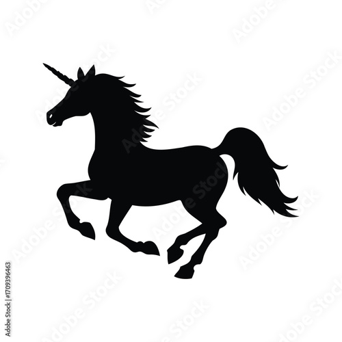 Silhouette of a magnificent black unicorn running gracefully across a white background, unicorn galloping silhouette vector illustration
