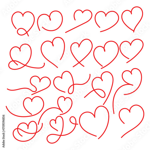 Collection of red heart line art designs, minimalist and elegant hand-drawn shapes perfect for Valentine’s Day, love cards, romantic decorations, wedding invitations, and graphic design projects.