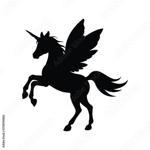 Majestic Unicorn Pegasus Silhouette With Horn and Wings Rearing Upwards, unicorn with fairy wings silhouette vector illustration