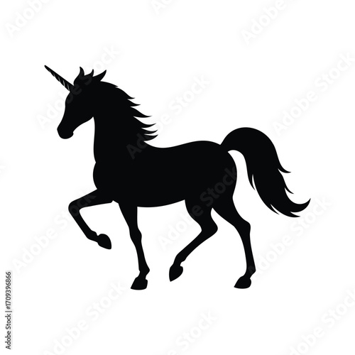 Silhouette of a prancing unicorn with a heart shaped mark for eye, unicorn with heart silhouette vector illustration