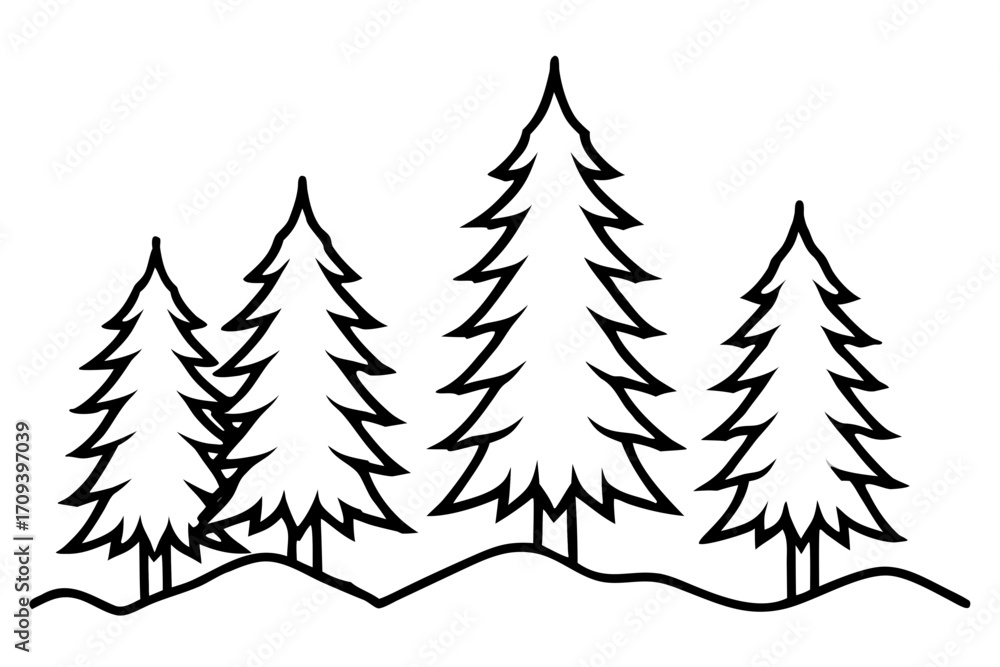 Obraz premium line art Snow covered pine trees silhouette vector isolated on white background