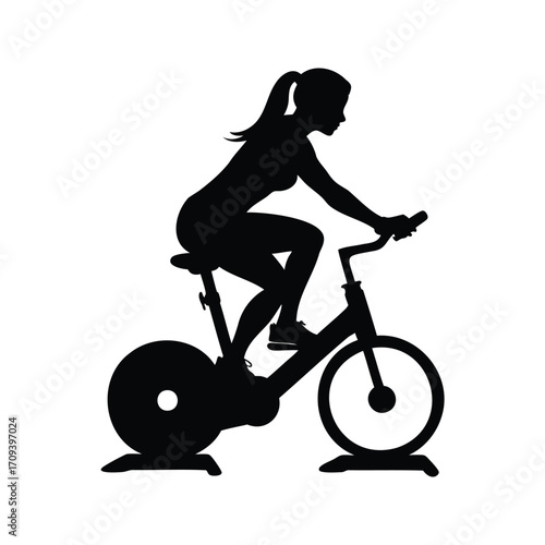 Silhouette of a woman exercising on a stationary bike for fitness, woman cycling on stationary bike silhouette vector illustration