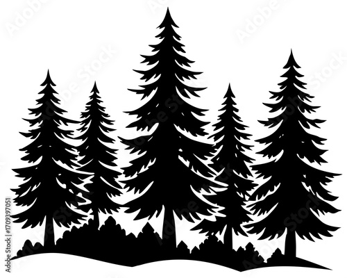 Snow covered pine trees silhouette vector isolated on white background