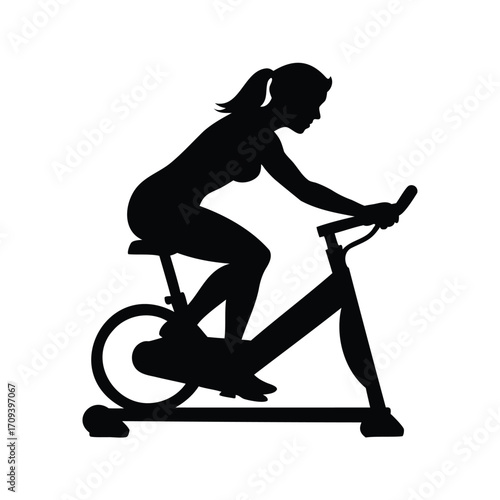 Silhouette of a woman riding exercise bike promoting healthy lifestyle and fitness, woman cycling on stationary bike silhouette vector illustration