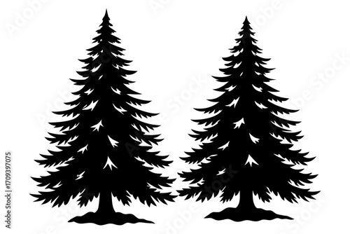 Snow covered pine trees silhouette vector isolated on white background