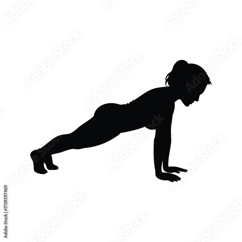 Silhouette of a woman performing a push up exercise on a white background, woman in plank position silhouette vector illustration