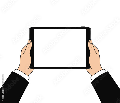A businessperson's hands hold a tablet with a blank screen, symbolizing digital communication and technology
