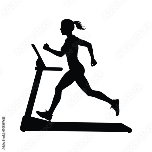 Silhouette of a woman running on a treadmill for exercise and fitness, woman running on treadmill silhouette vector illustration