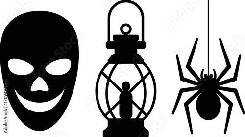 Spooky Halloween icons: mask, lantern, and spider create a festive and eerie atmosphere.